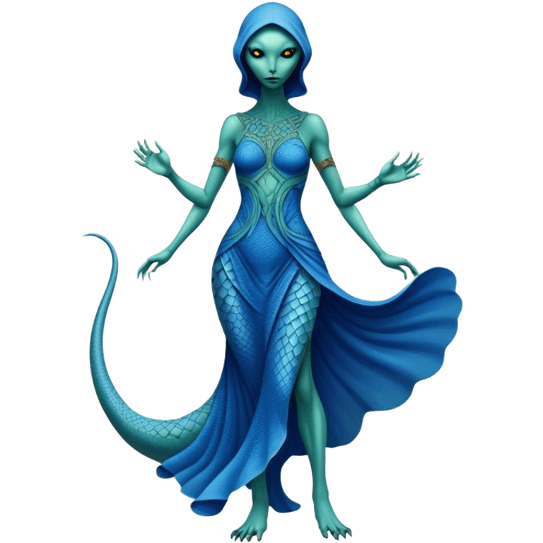 a reptilian alien woman full body, in blue dress emoji