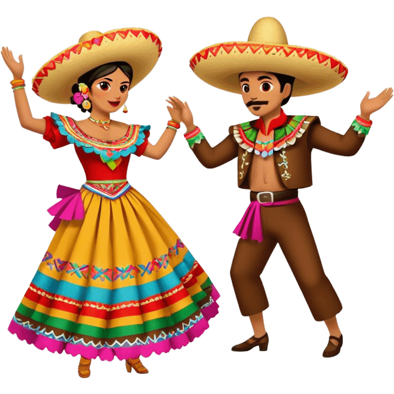 Cinematic Realistic scene of two performers dancing the Jarabe Tapatío, dressed in colorful traditional Mexican costumes with intricate embroidery, captured in energetic, festive motion with vibrant, celebratory lighting emoji