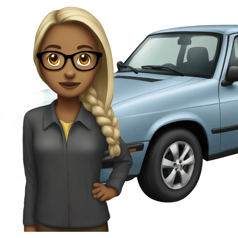 Girl with glasses and car emoji