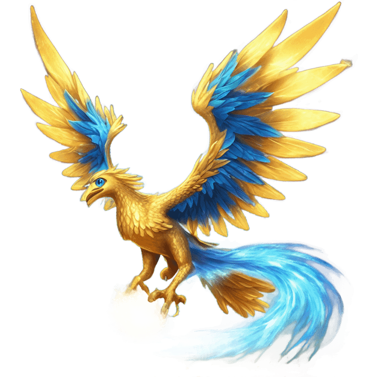 “A molten gold phoenix with electric-blue wings, mid-flight, leaving a trail of fiery stardust and sparks.” emoji