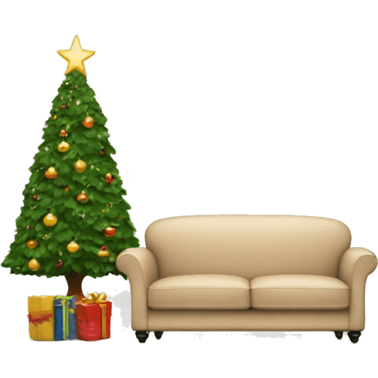 beige sofa books and christmas tree emoji