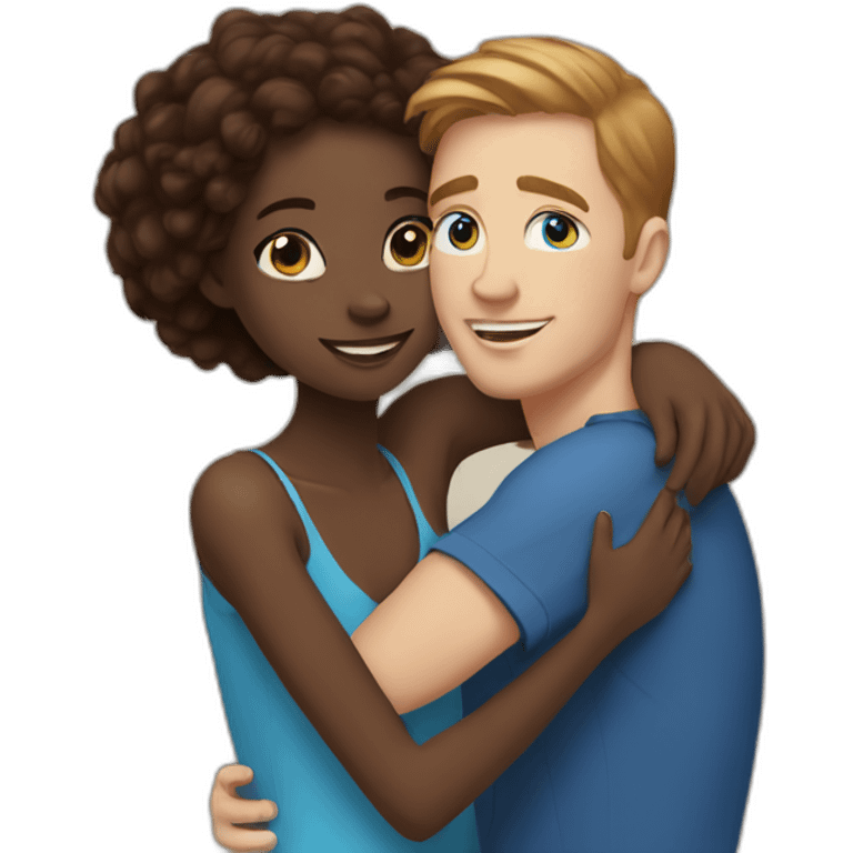 black girl and white guy with brown hair and blue eyes  hugging emoji