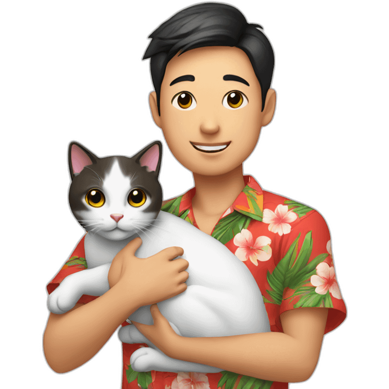 Young Asian man in Hawaiian shirt holding a Chinese Li Hua cat in his arms emoji