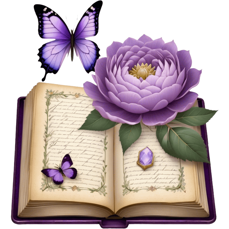 An antique botanical journal with golden-edged pages, filled with meticulously pressed lilac roses, ice violet peonies, and amethyst dahlias, lies open beneath the soft glow of candlelight, its delicate illustrations and handwritten notes whispering stories of forgotten gardens as a pearl butterfly gently perches on its weathered cover. emoji