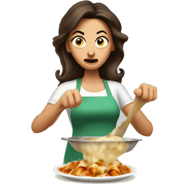 Angry brunette woman making stuffed shells emoji