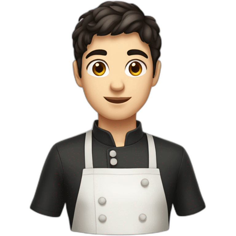 A male teenager with very short dark hair and brown eyes dressed as an Italian cooker emoji