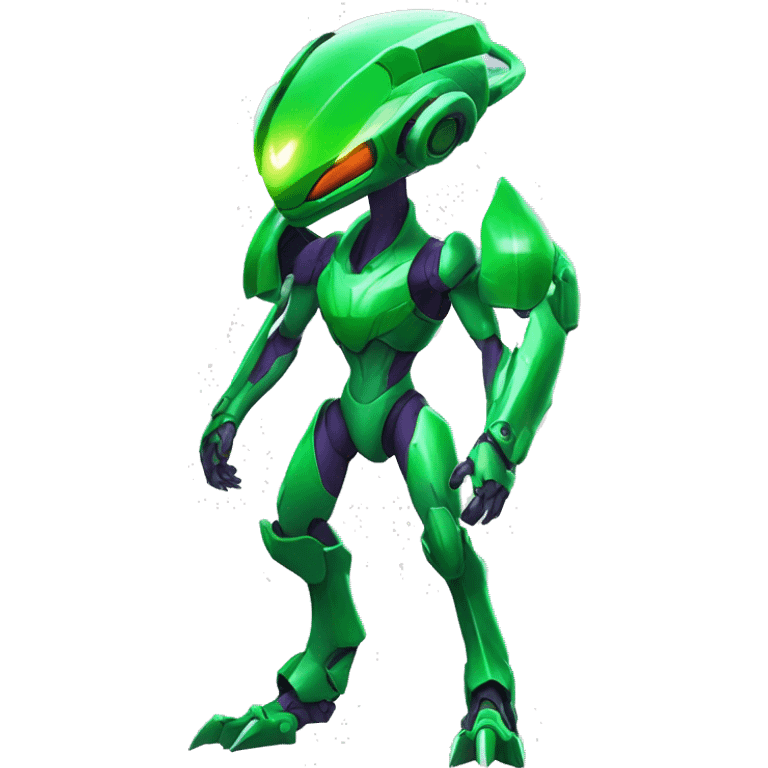 a shiny green Genesect-Raptor-Fakémon—hybrid with a futuristic visor-helmet full body emoji