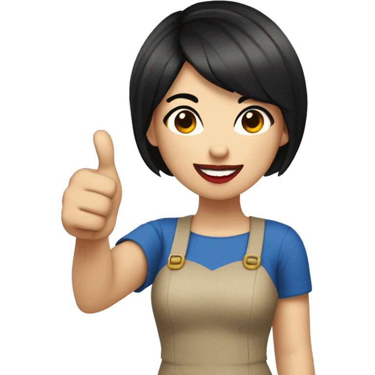 A pretty young asian woman short black hair red lipstick wearing a blue top and giving thumbs up emoji