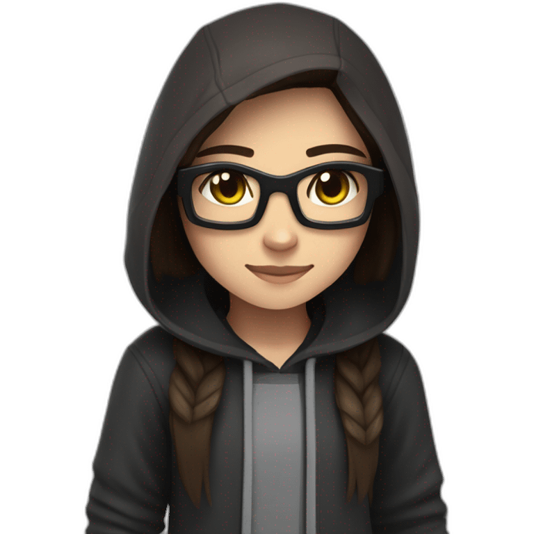 A minecraft addicted 11 year oldgirl with brown shoulder length hair and glasses wearing an enderman hoodie emoji