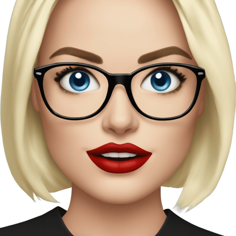 margot robbie, blue eyes, wearing black glasses and red lips  emoji