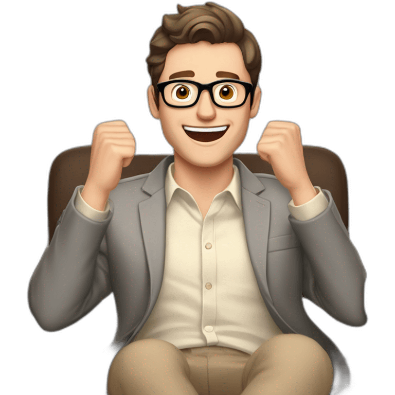 Joyful Celebrating victory Hands up Pale skinned Fit Man With dark brown hair in gray jacket, beige office shirt, Brown pants and vintage glasses sitting In a soft chair emoji