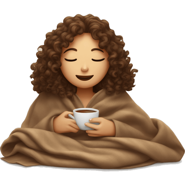 brown curly haired girl inside a blanket sipping coffee eyes closed emoji