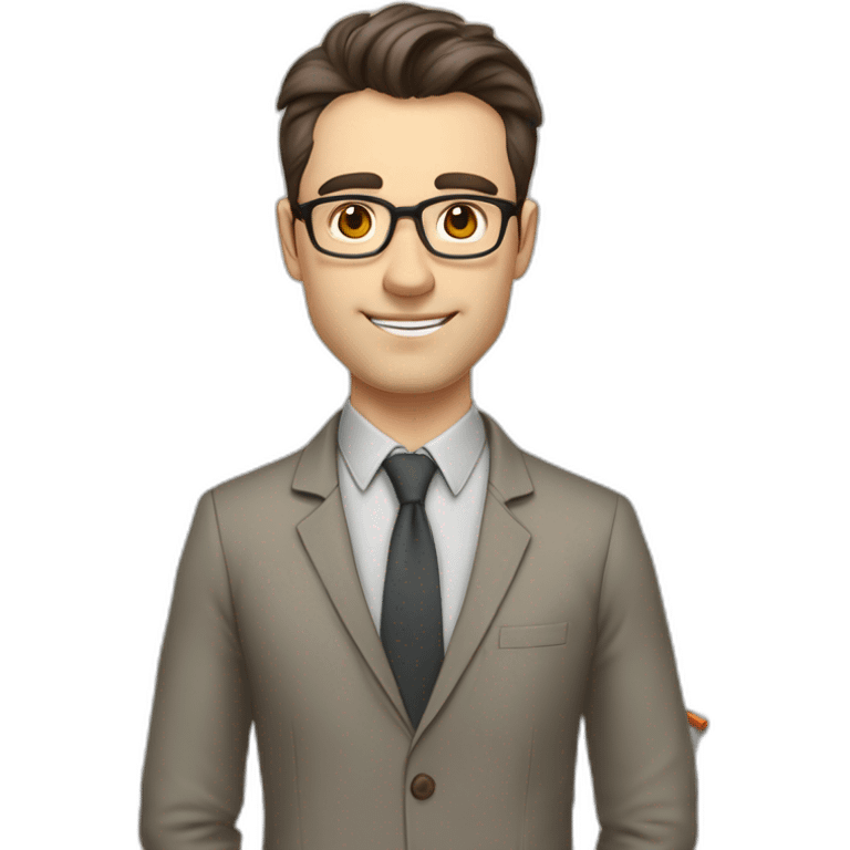 Pale skinned fit man teacher with dark brown hair in gray jacket, beige office shirt, brown tie, brown pants and vintage glasses Writing on the marker board emoji