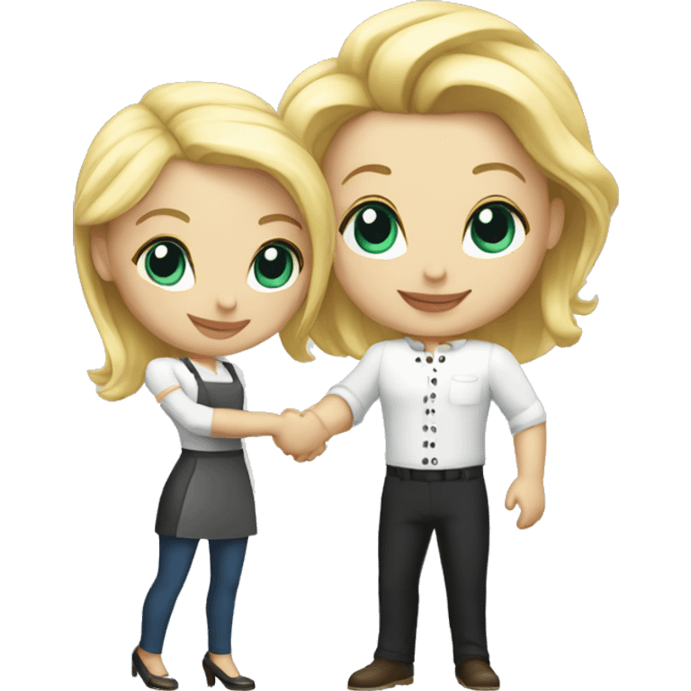 restaurant owner with white skin and blogger with white skin and blonde hair shaking hands in full height emoji