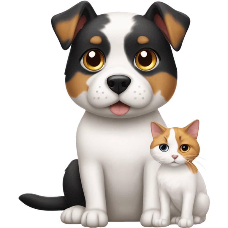 White dog sitting next to a calico cat  emoji