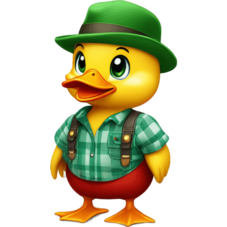 cute fluffy chubby baby duck with hand and wear green hat and red checkered shirt and jeans jumpsuit emoji