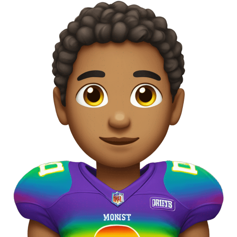 Lightskin boy with earrings wearing rainbow football jersey emoji