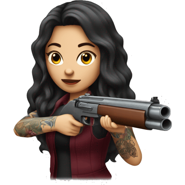 Beautiful tattooed burgundy long haired woman shooting a gun emoji