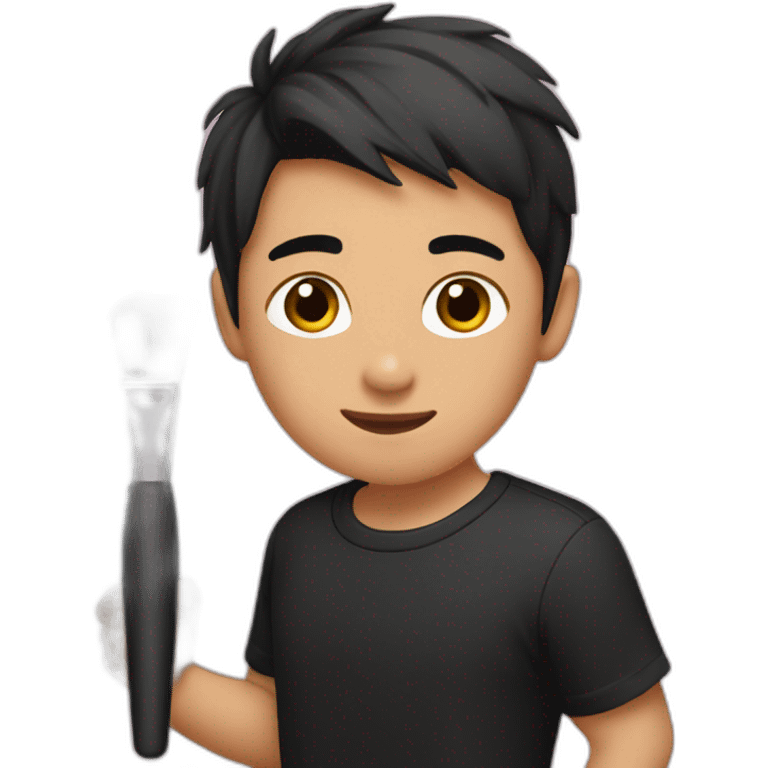 a Asian boy wearing black t-shirt and holding make up tools emoji