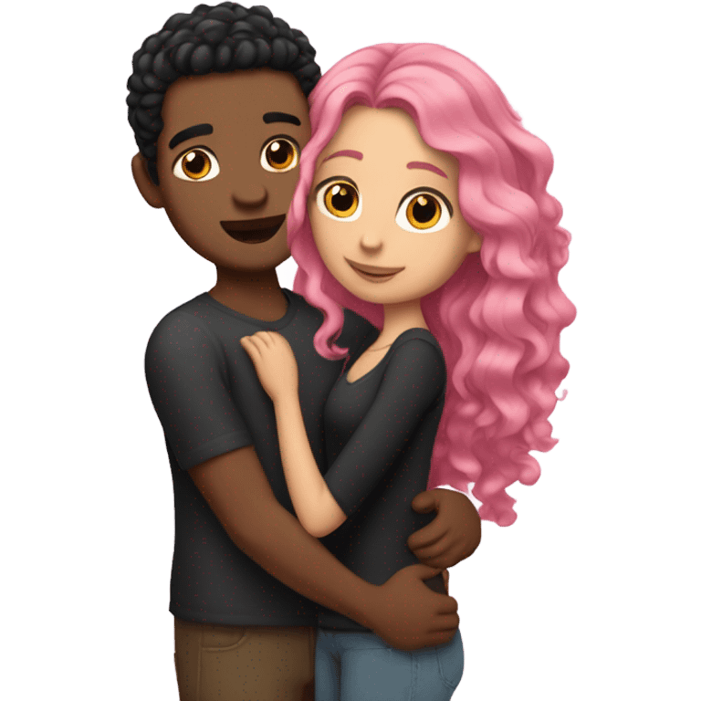 make a guy and a girl, they are hugging, the girl has pink long wavy hair. The guy has black hair and light skin emoji