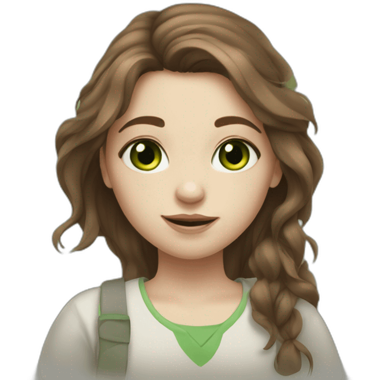 Messy long brown haired girl with green eyes, pale skin and little birthmark on neck middle part emoji