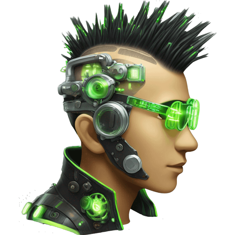 Mohawk hair with neon green highlights Asian male cyborg head with neon silver steampunk goggles and circuits emoji