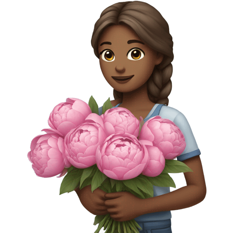 a girl with long brown hair and blue eyes holding a Beautiful bouquet of pink peonies   emoji