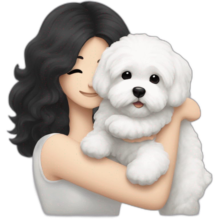 a long black-haired white woman hugging white maltipoo emoji