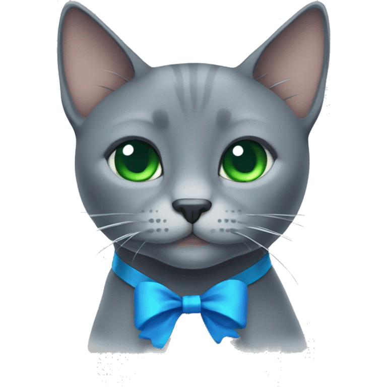 Gray cat with a blue bow and green eyes emoji