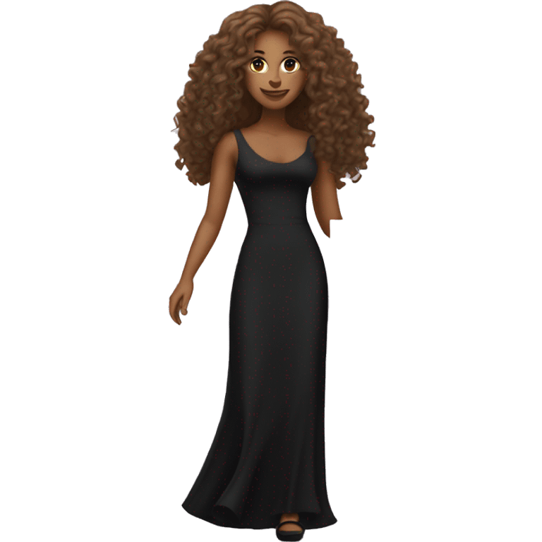 Tan woman with long curly hair in a black dress and heels holding a sign emoji