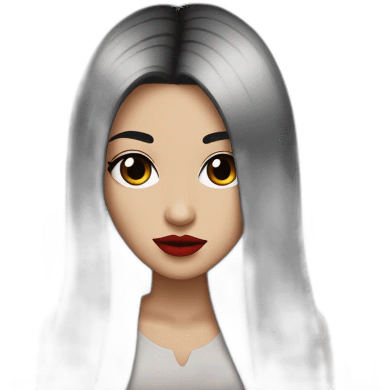 long straight black hair, red lipstick, black eyes, white skin and a small nose emoji