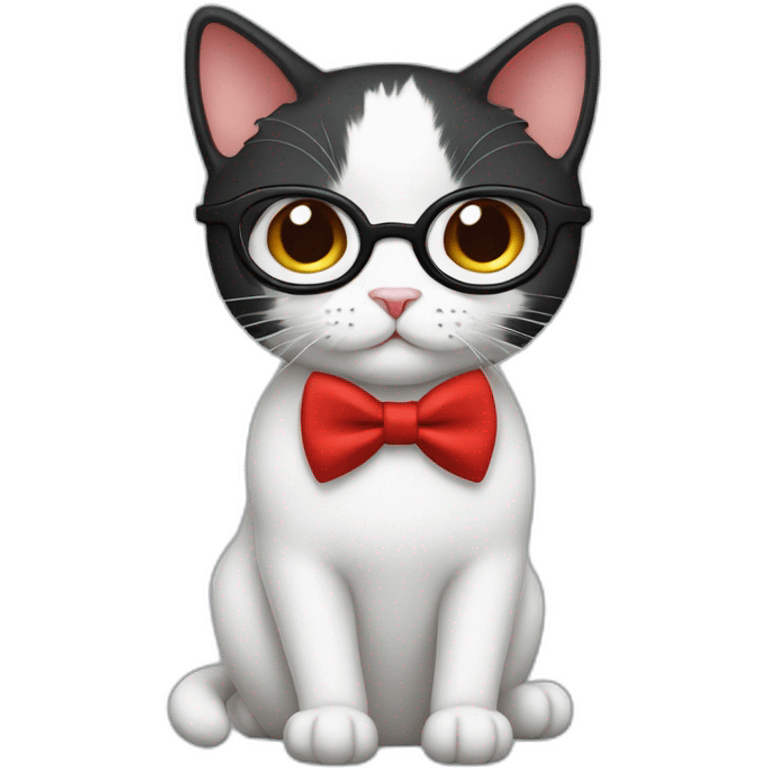 White and black cat wearing a red bow tie and glasses emoji