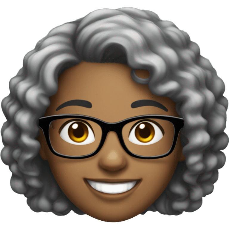 girl with black curly hair, square glasses and a big smile emoji