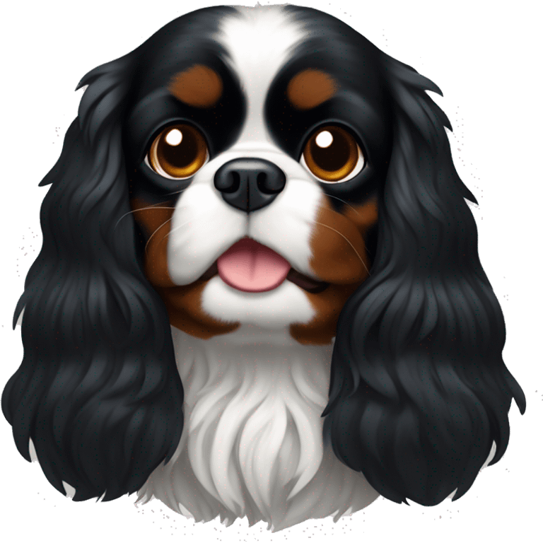 Small completely black king charles spaniel with black fur on his whole face and white fur on chest emoji