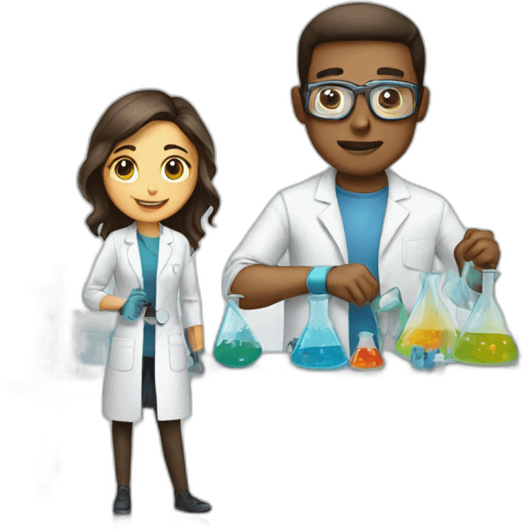 Man in laboratory with girlfriend  emoji