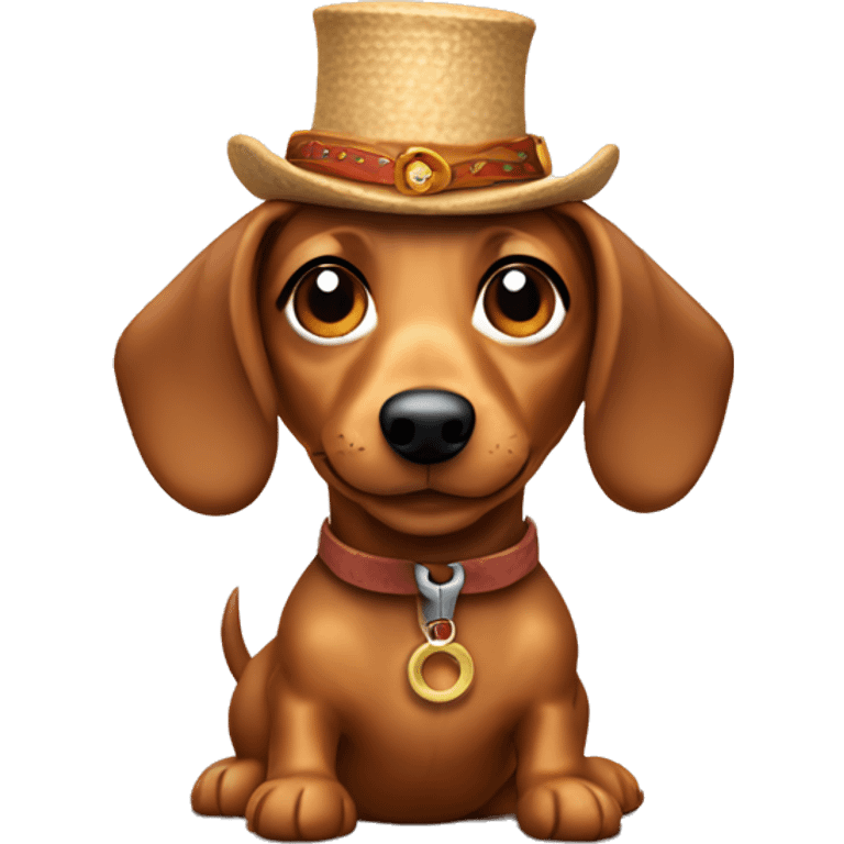 small wiener dog wearing spinning wheel hat emoji