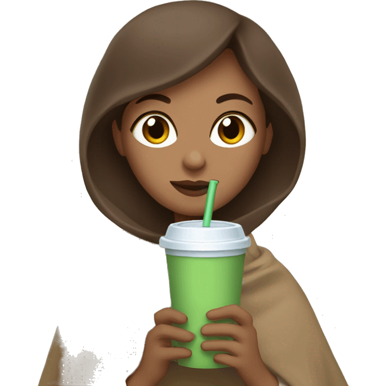 Woman with light green eyes and brown hair cozy with a blanket drinking iced coffee emoji