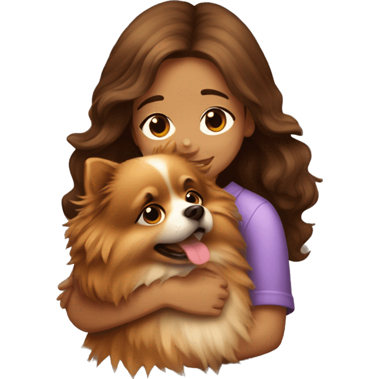 brown wavy haired girl hugging Pomeranian dog  emoji