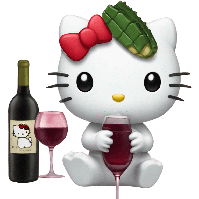 Hello Kitty drinking red wine and eating crocodile emoji