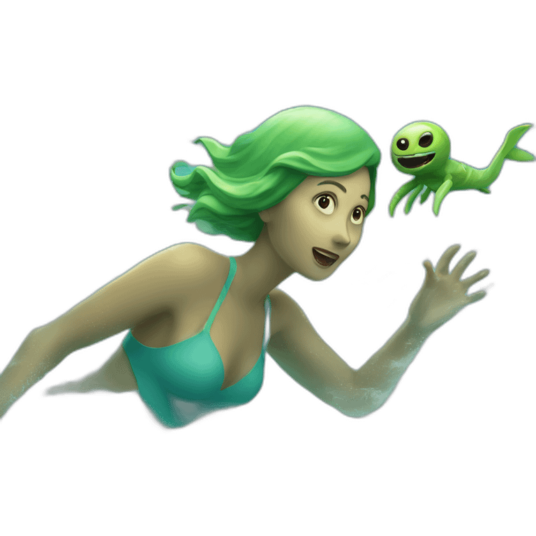 A woman swimming at sea with a alien chasing emoji