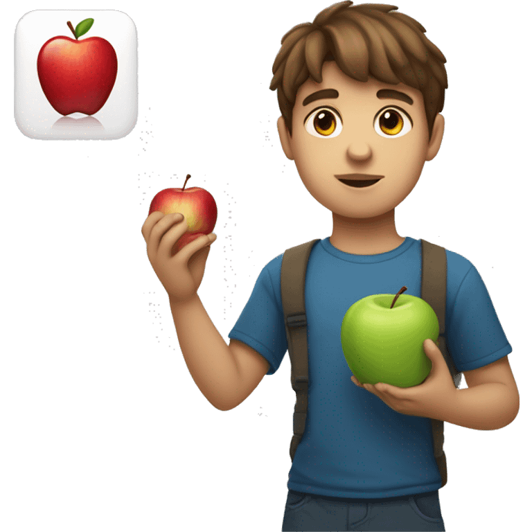 Boy with a normal face and brown hair holding up the Apple logo emoji