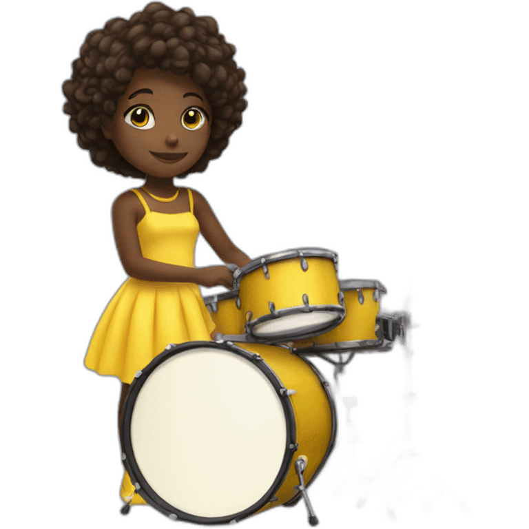 cute girl in yellow dress dark skin with yellow eyes and dark curvy hairs plays on drums emoji