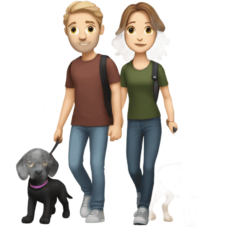 White girl with wavy brown hair walking a black Labrador emoji