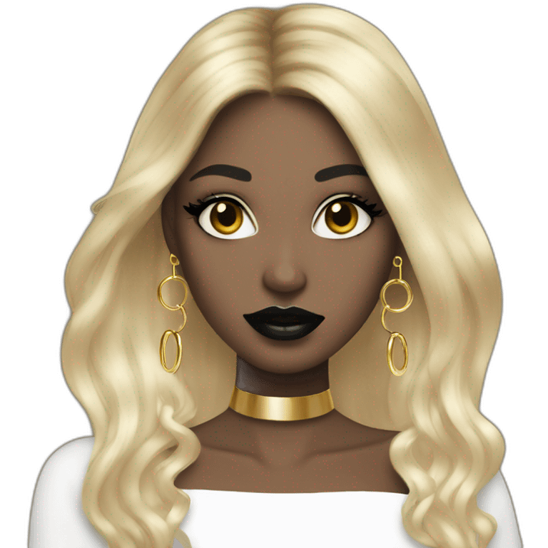 girl with large gold hoop earrings wearing a black dress, with long hair, with black lips abd makeup, pierced face and ears emoji