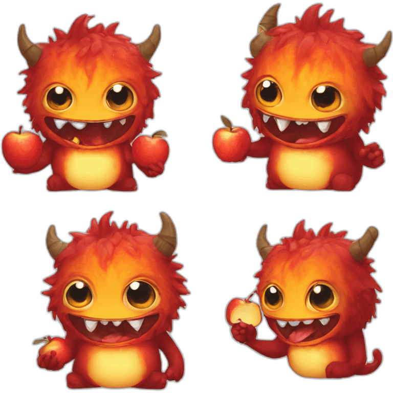 cute monster, creature, fiery, eating apple, sticker emoji