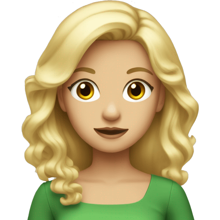 Girl with blonde hair in a green dress with orange eyes emoji