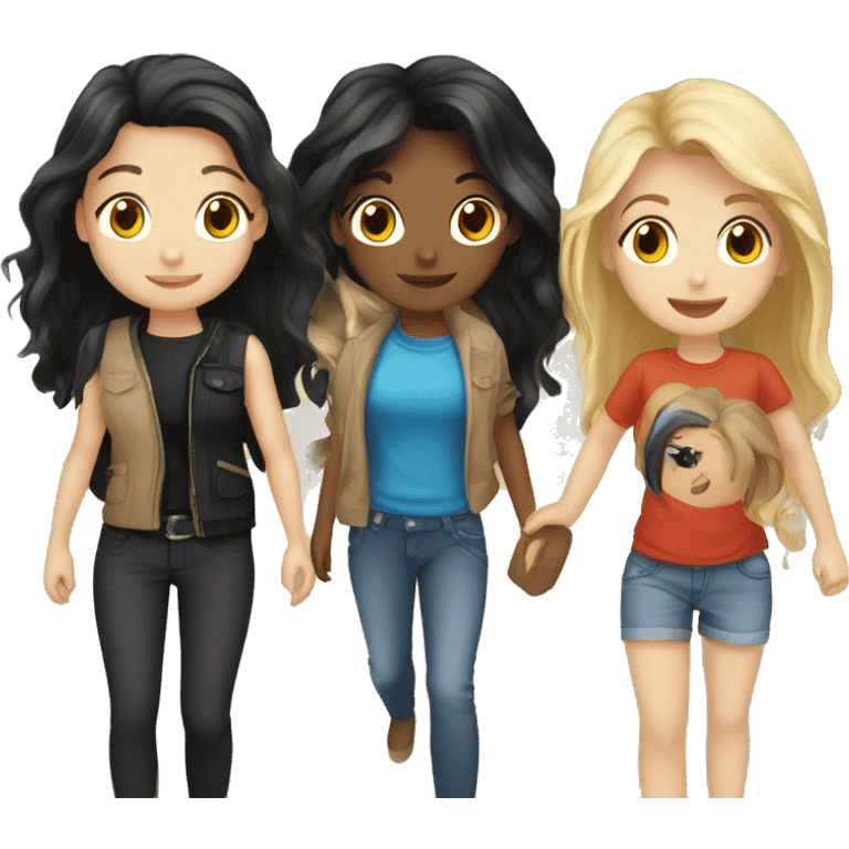 Friend group of a blond girl, two brunette girls, a girl with black hair, and a boy with black hair emoji