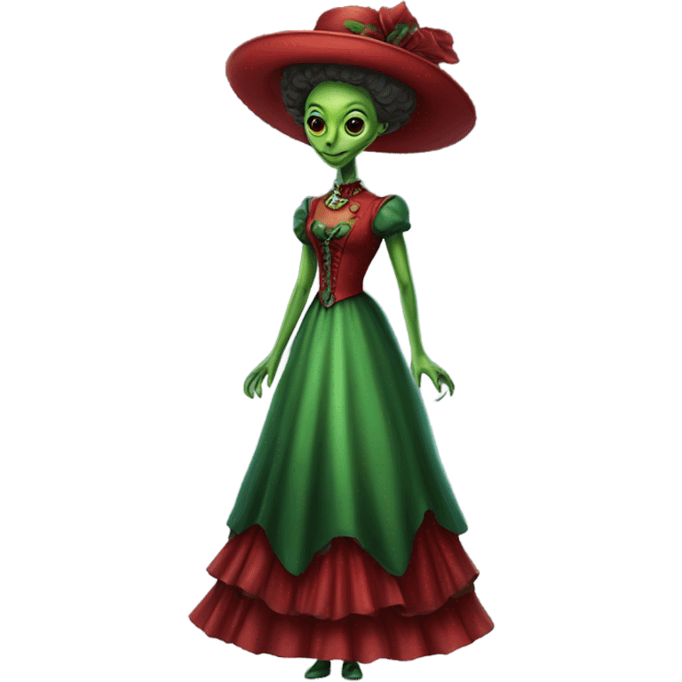 "green alien woman" galora in red Victorian dress elegant, full body emoji