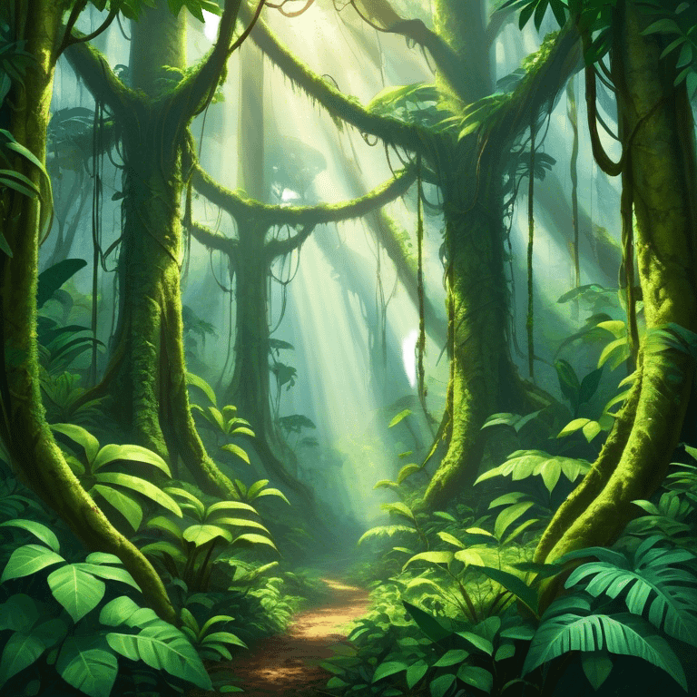 Cinematic Realistic Rainforest Emoji, Lush and vibrant, filled with towering trees, thick vines, and dense green foliage, sunlight filtering through the canopy above, creating dappled patches of light on the rich, diverse undergrowth. The air is heavy with moisture, with mist rising from the forest floor and distant calls of exotic birds and animals echoing through the trees. Soft glowing outline, capturing the essence of a thriving, untamed tropical paradise filled with life! emoji