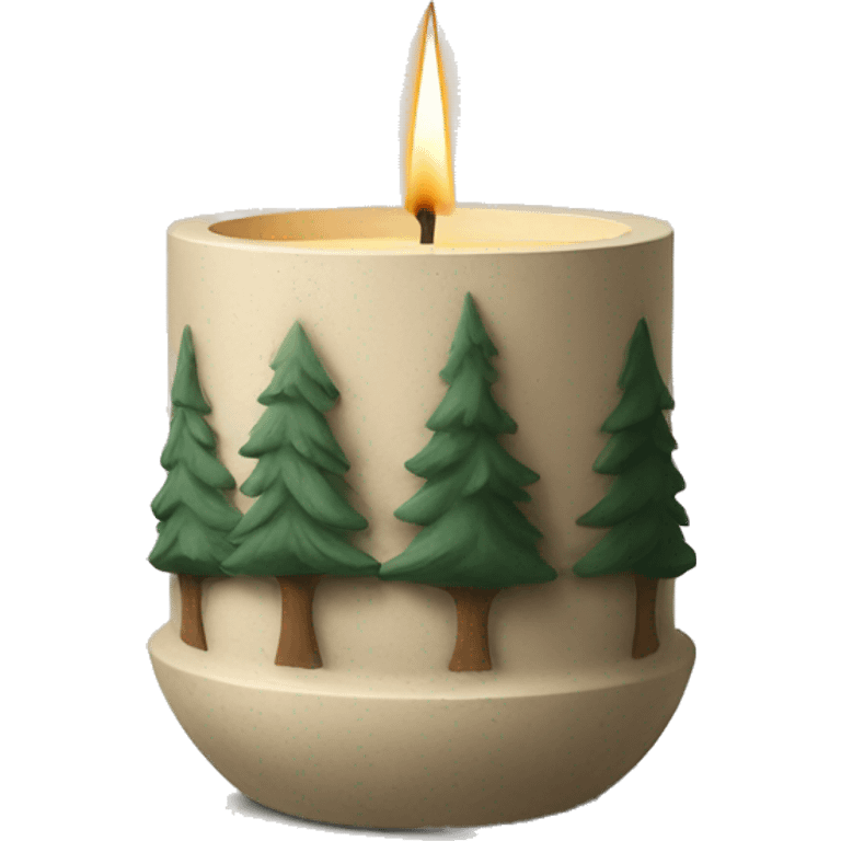 Candle in beige concrete vessel with painted pine trees emoji